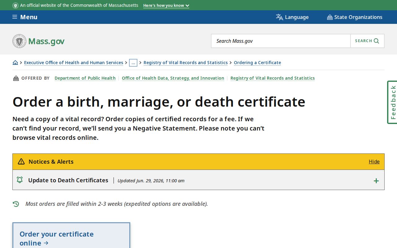 Framingham residents directory vital-record certificate ordering source
