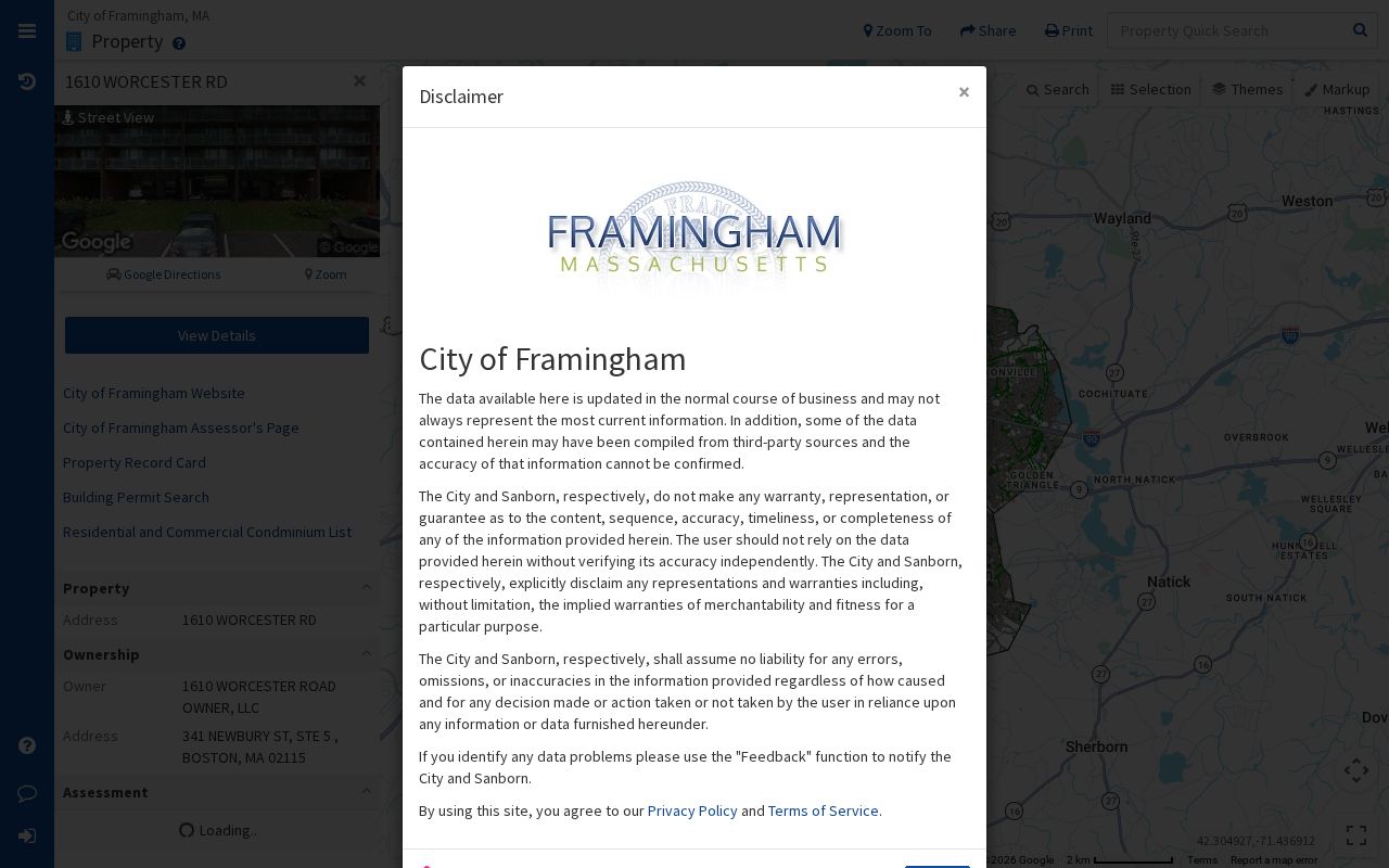 Framingham ZIP code directory property card showing address metadata and parcel fields